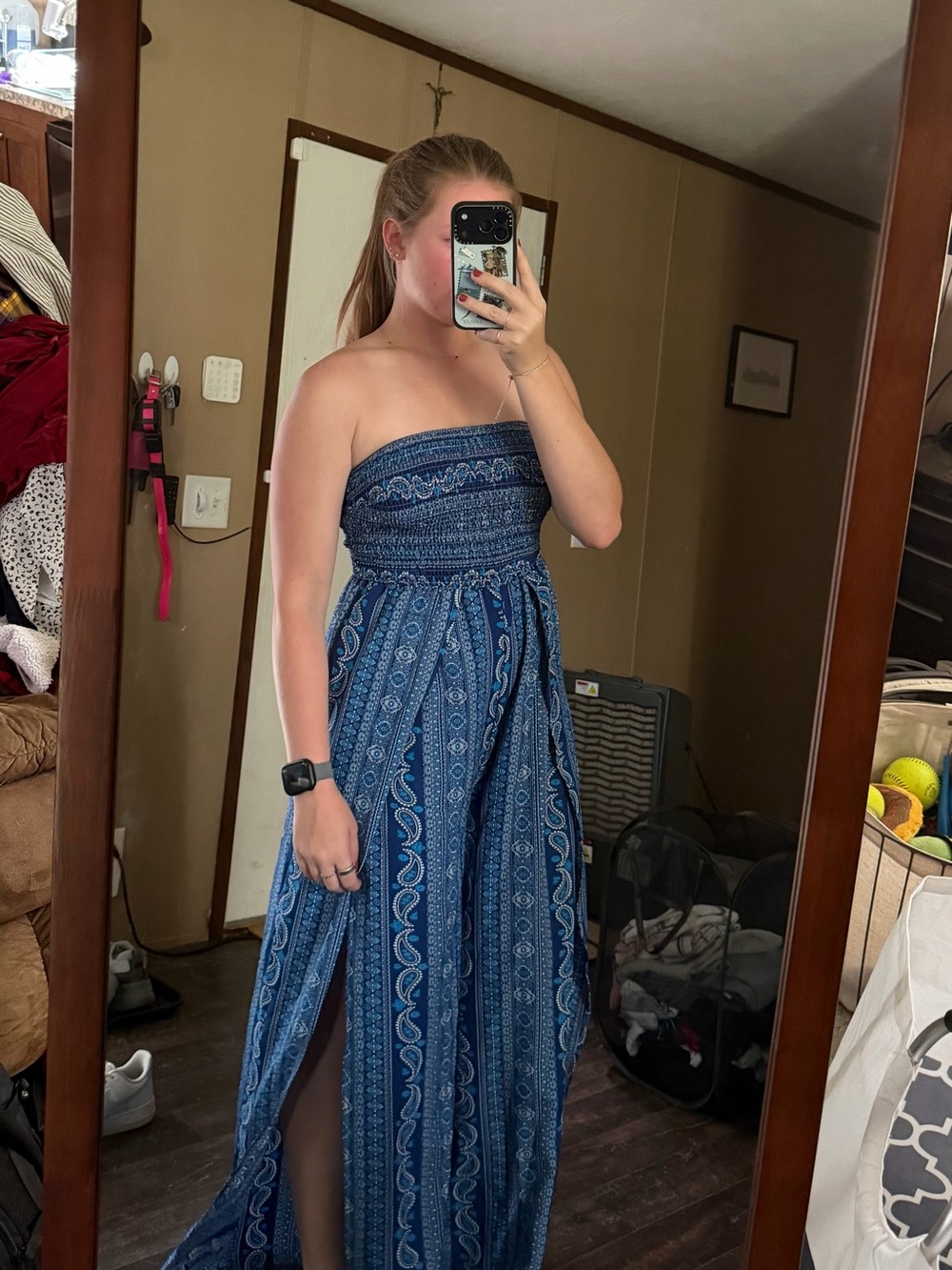 SHEIN Blue Strapless Smocked Maxi Jumpsuit with Side Slits